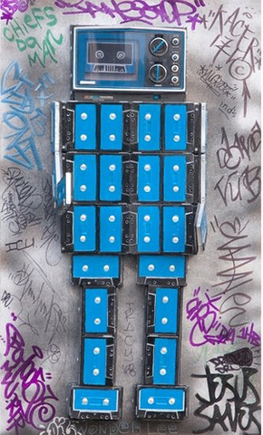 A robot sculpture made from old cassette tapes. 