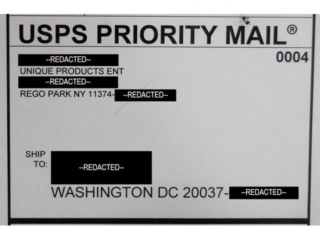 A shipping label from Unique Product Enterprises to the Humane Society of the United States.