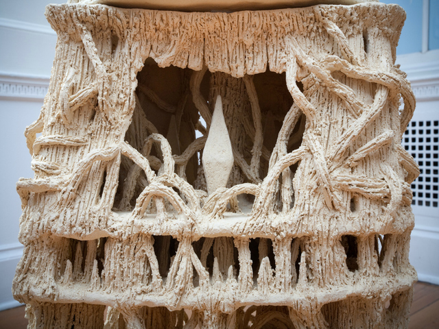 A scultpture by S.H.A.R.P artist Heidi Lau. Lau created a series of clay fantasy landscapes for Snug Harbor Cultural Center's second exhibit of artist in their fellowship program.