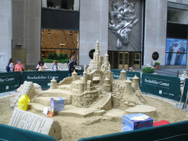 A sand castle built by Matt Long in Rockefeller Plaza. The State Islander will run his first sand sculpting contest on the borough in several years.