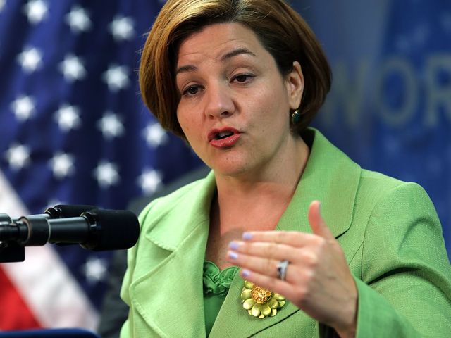 <p>New York City Council Speaker Christine Quinn speaks to the media at the opening of the Workforce1 Veterans Career on July 31, 2012.</p>
