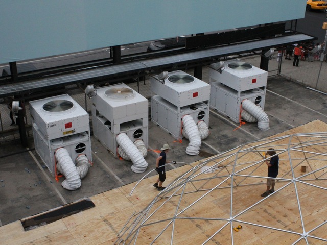 Massive air coolers at the Jaguar ChillNY site under the High Line.