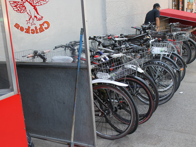 <p>Food-delivery bikes outside the Upper West Side restaurant Chirping Chicken on Aug. 16, 2012. The city will ramp up its enforcement of traffic rules for commercial cyclists in January, 2012.</p>
