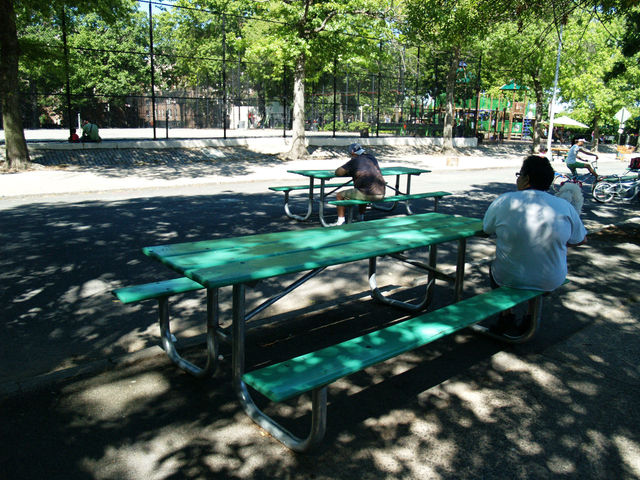 Benches line the 78th 