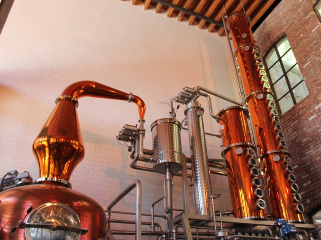 A tall copper still turns out liquor at Cacao Prieto.