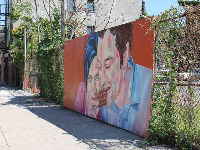 A chocolate-themed mural stands opposite Cacao Prieto.
