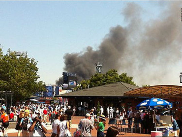 People took to Twitter to post photos of the smoke rising above the U.S. Open Friday August 31, 2012. 