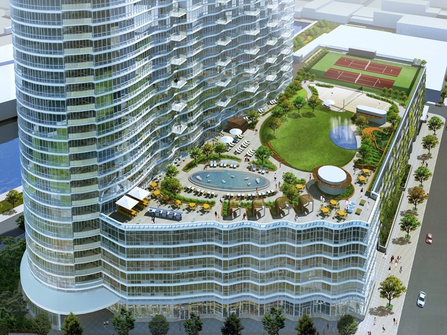 The building at 4545 Center Boulevard will feature tennis and volleyball courts, a dog run and a reflecting pool.