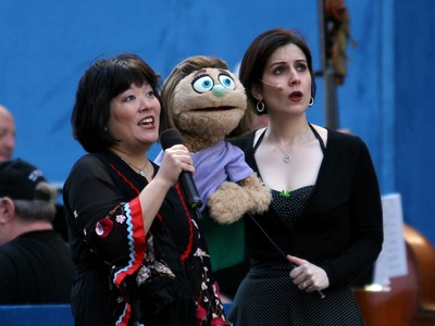 Ann Harada and Stephanie d'Abruzzo from the Broadway play 'Avenue Q' perform live at the 'Broadway On Broadway' on Times Square on Sept. 18, 2005.