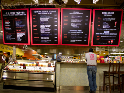 <p>TriBeCa's Whole Foods Market, one of seven in Manhattan, features a Caf&eacute; Spice Dosateria & Lassi Bar. It is the first Dosateria at an Whole Foods in the United States.</p>
