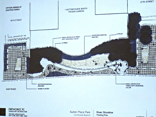 A rendering of design plans for the new public park at 1 Sutton Place South. Those plans include two locked gates at the park's northern and southern entrances. 