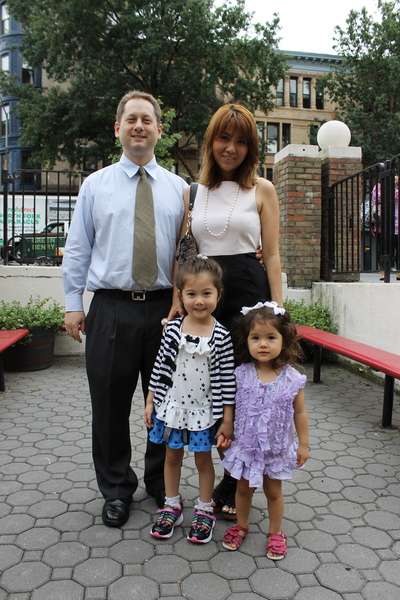 The Geller family in front of Park Slope's P.S. 321. Dad Michael, mom Katsuko and sisters Isabel, 5, and Rachel, 2, at right. The girls were decked out in fashions acquired over the summer during a trip to Japan. Isabel was wearing head-to-toe Jenni, a Japanese brand, plus a jacket by another Japanese label, Mezzo-Piano. Rachel wore Mezzo-Piano, and mom Katsuko sported MaxMara heeled sandals.