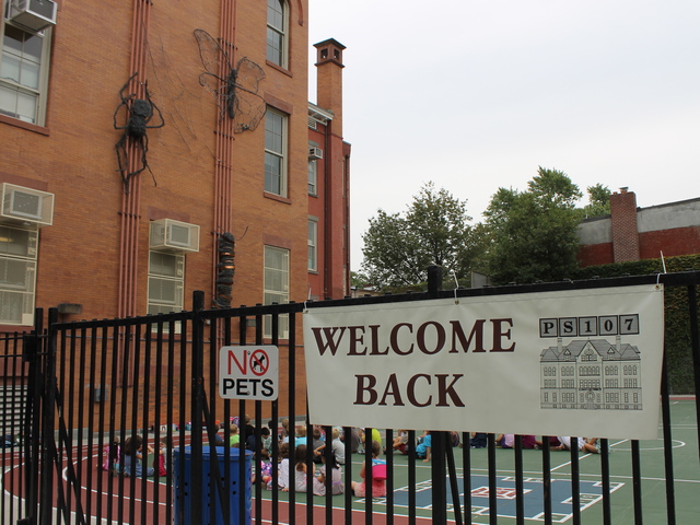 A banner welcomed students at P.S. 107 on Eighth Avenue and 14th Street in Park Slope.