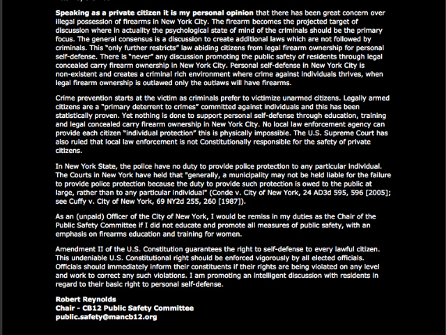 Robert Reynolds, chair of CB12's public safety committee, posted a notice about the board's proposed pro-2nd Amendment forum on his personal gun-selling website in September 2012.