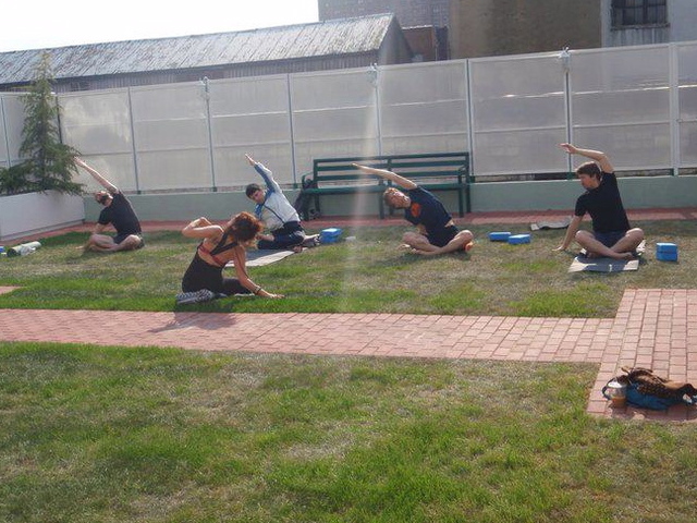 Green Fitness Studio offered outdoor yoga this summer. The eco friendly gym hopes to serve liquor soon.