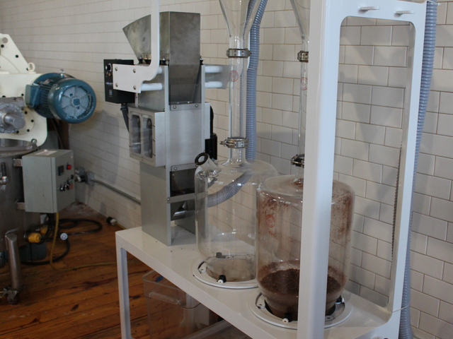 This machine, a vortex winnower, was invented by Cacao Prieto owner Daniel Preston, sales director Alex Clark said. It cleanly separates cacao bean nibs from their husks.