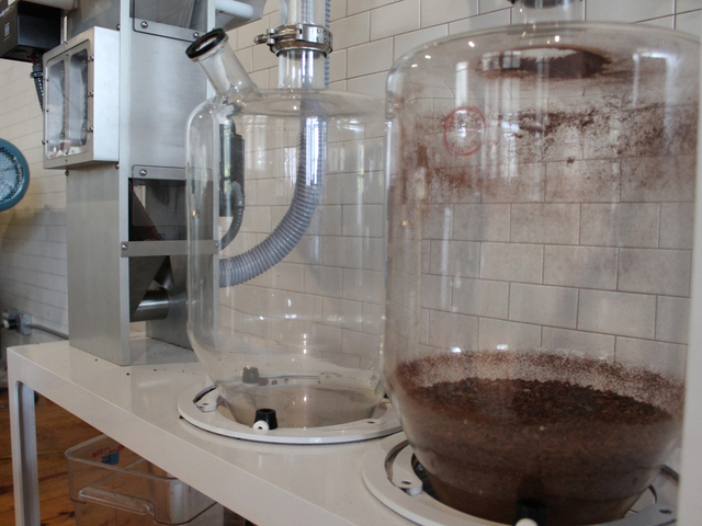 This machine, a vortex winnower, was invented by Cacao Prieto owner Daniel Preston, sales director Alex Clark said. It cleanly separates cacao bean nibs from their husks.
