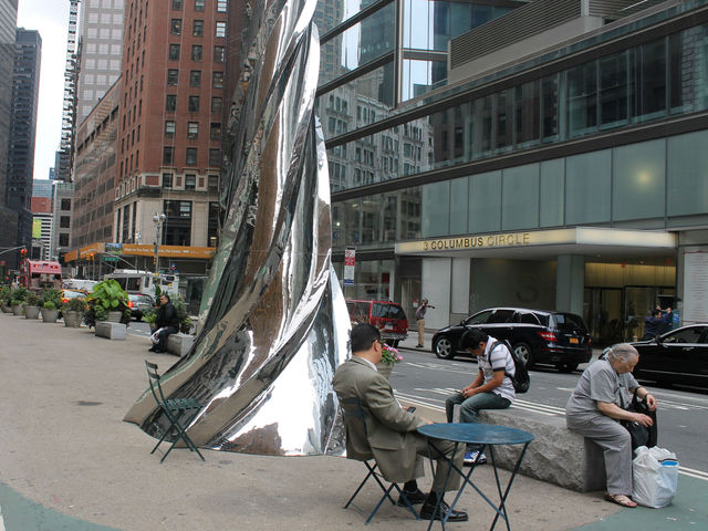 A 40 foot stainless steel sculpture by Saint Clair Cemin at 57th Street and Broadway. 