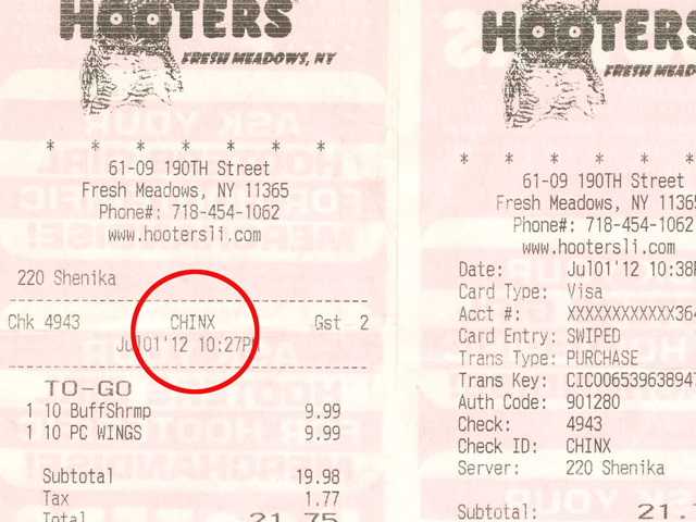 An Asian-American customer was horrified to find a slur on his Hooters receipt at the Fresh Meadows store, July 1, 2012.