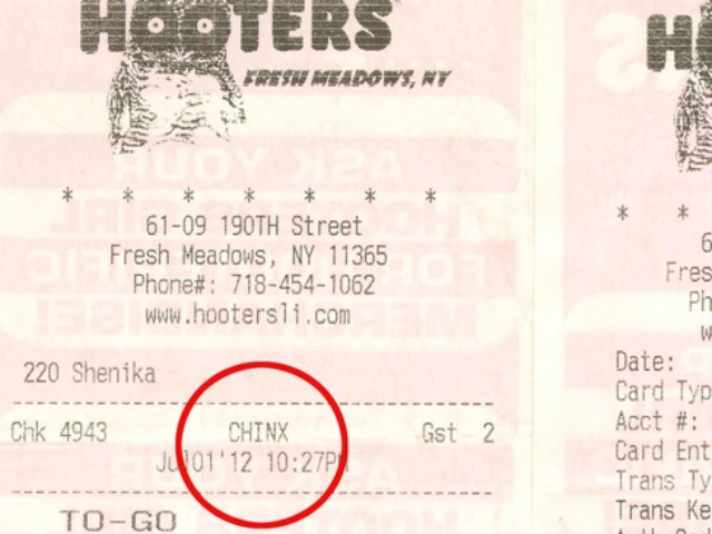 An Asian-American customer was horrified to find a slur on his Hooters receipt at the Fresh Meadows store, July 1, 2012.