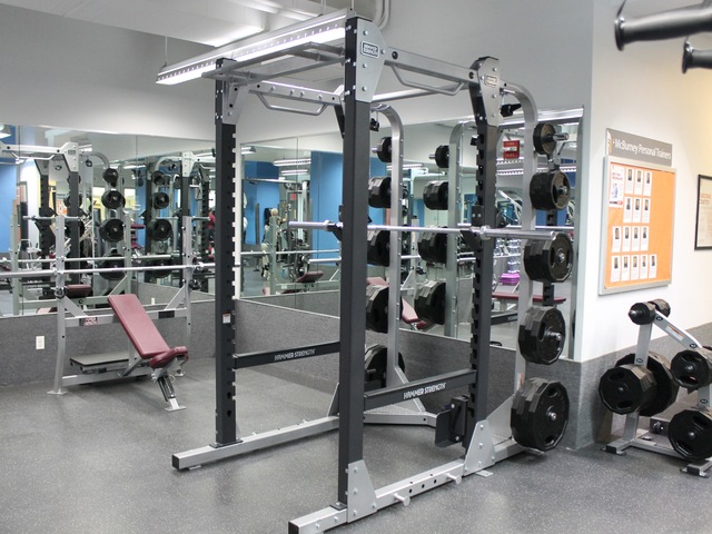 A squat rack at the new McBurney YMCA strength training center.