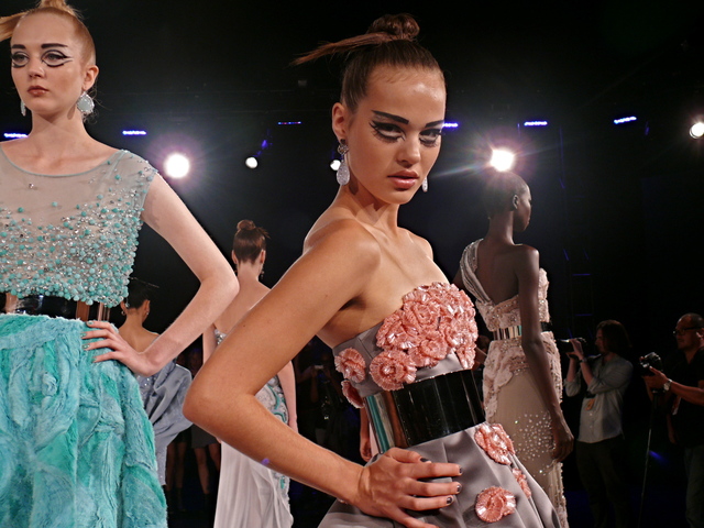 Cennamo's strapless gray gown with cherry blossom embroidery. 