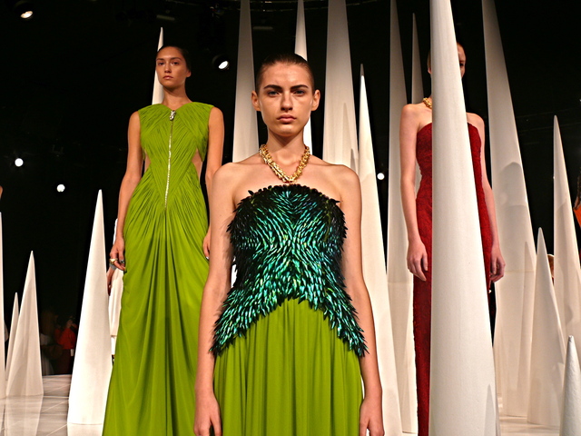 Mirano's embellished  green chiffon beetle gown with gold vertebrae halter strap.