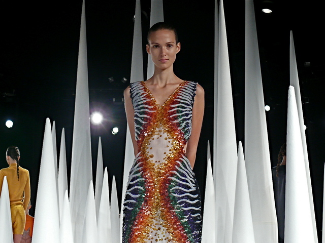 Mirano's rainbow sequined sheer organza gown.