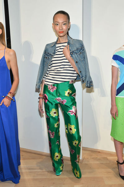 A J.Crew model, dressed similarly to its president Jenna Lyons, in patterned pants and a blue striped shirt at the J. Crew presentation at the Lincoln Center Tents, Tuesday, September 11, 2012. 