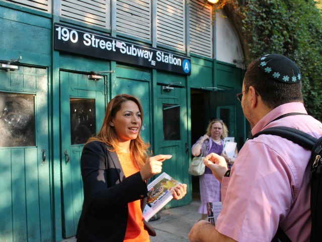 Mayra Linares campaigns at the 190th Street station Wednesday morning.