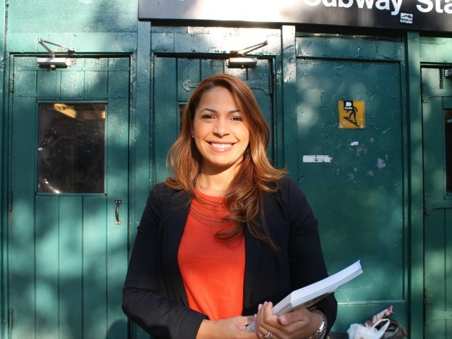 Assembly candidate Mayra Linares campaigns outside of the 190th Street subway station Wednesday morning, ahead of Thursday's primary.