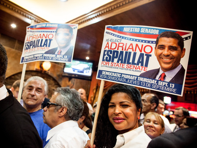 <p>Supporters of Adriano Espaillat celebrate in Washington Heights after the Senator defends his seat against political rival Guillermo Linares on Sept. 13th, 2012.</p>

