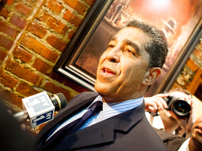 <p>State Sen. Adriano Espaillat talks to the media after his reelection victory at the Dyckman Express Restaurant in Inwood on Sept. 13th, 2012.</p>
