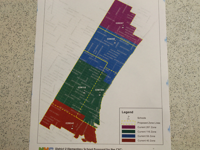 <p>Department of Education officials presented a preliminary rezoning plan on Wednesday, Sept. 20, 2012, that changes several existing school zones and creates a new one to serve P.S. 281, which is scheduled to open in fall of 2013. The proposed zones are indicated by the yellow dotted lines.</p>
