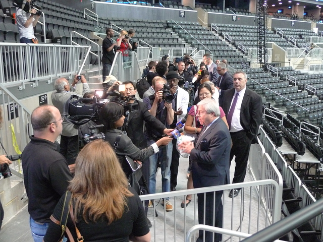 <p>Brooklyn Borough President Marty Markowitz talks to reporter inside the new Barclays Center.</p>
