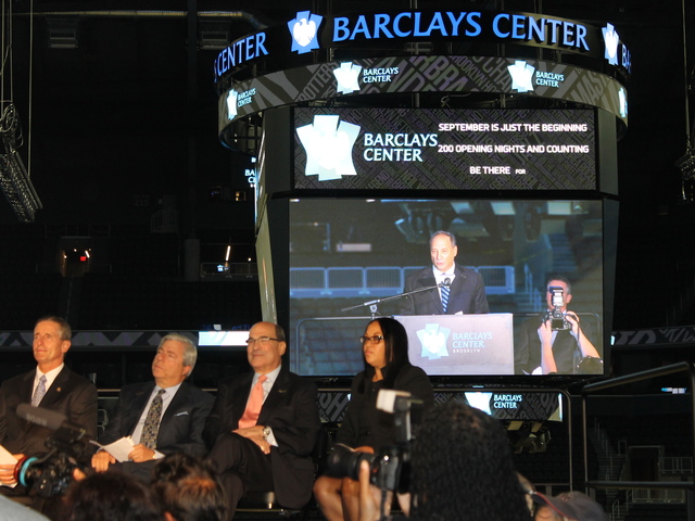 <p>Bruce Ratner on the jumbotron at the Barclays Center ribbon cutting.</p>
