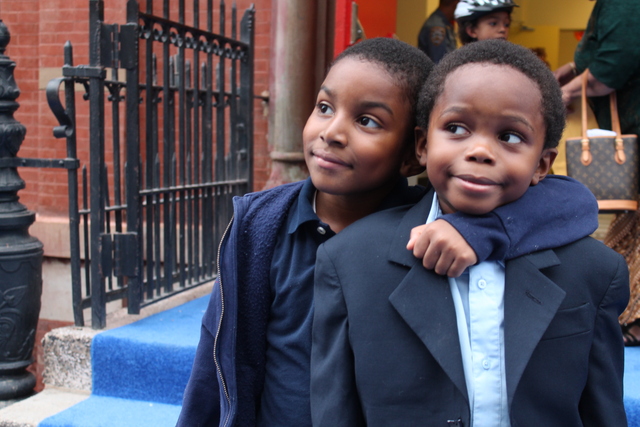 Two students outside Teachers College Community School at 126th Street and Morningside Avenue.