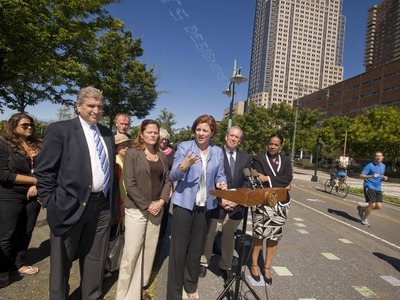 <p>City Council Speaker Christine Quinn and other local leaders denounced the recent sexual assault in the TriBeCa section of Hudson River Park at a press conference Sept. 23, 2012.</p>

