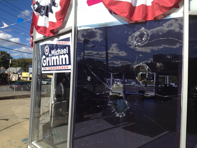 Damage after Rep. Michael Grimm's campaign headquarters was allegedly vandalized Saturday night.