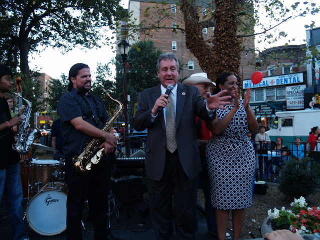 Councilman Daniel Dromm is joined by Councilwoman Julissa Ferreras to adress the crowd at the Viva La Comida! festival.