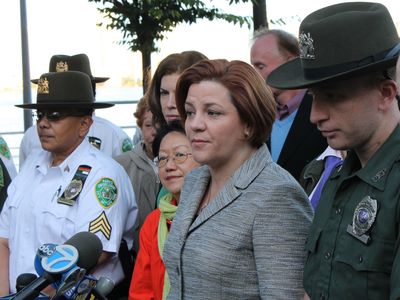 <p>City Council Speaker Christine Quinn with Park Officer Daniel Murphy, who helped tend to a rape victim at Hudson River Park Saturday Sept. 22, 2012.</p>
