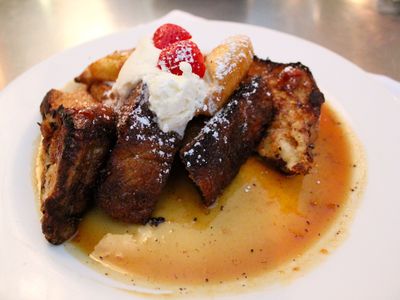 Banana French Toast with caramelized bananas and whipped mascarpone. 