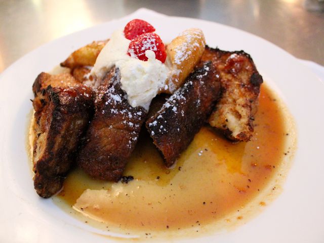 Banana French Toast with caramelized bananas and whipped mascarpone. 