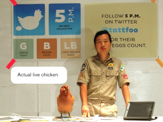 Artist Tattfoo Tan and a chicken are scheduled to lead a workshop on urban chicken-raising at Parsons The New School for Design Sept. 27, 2012.