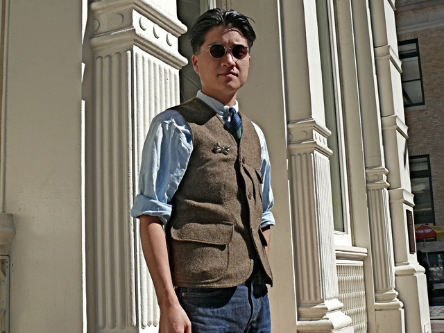 Joe A. in Double R.L. Lovat tweed vest, a Chambray shirt, Maccallum Tartan tie in SoHo. 