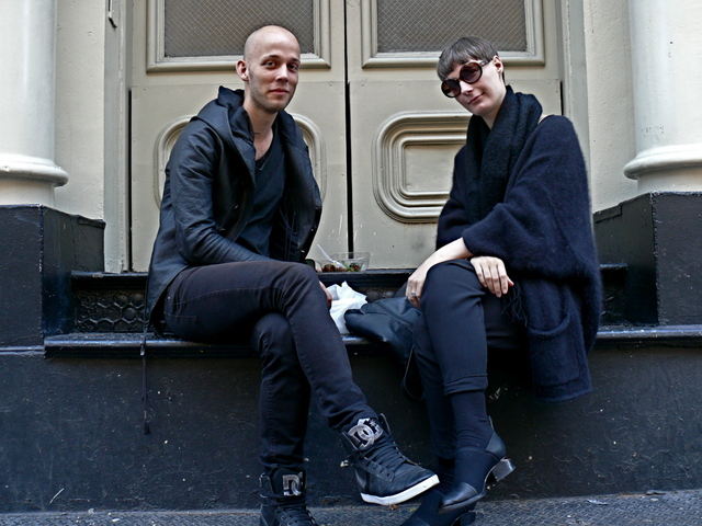 Mathais and Pernille patina leather jacket, volume draped layers of angora and wool on Grand Street