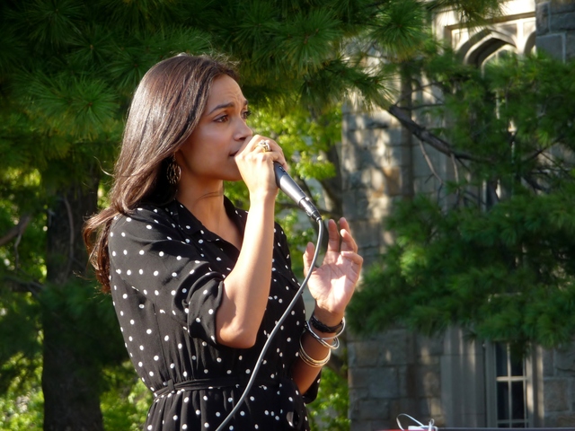 Rosario Dawson speaks to students at Lehman College in the Bronx. The actress has been visiting college campuses as part of a voter registration campaign with her organization Voto Latino.