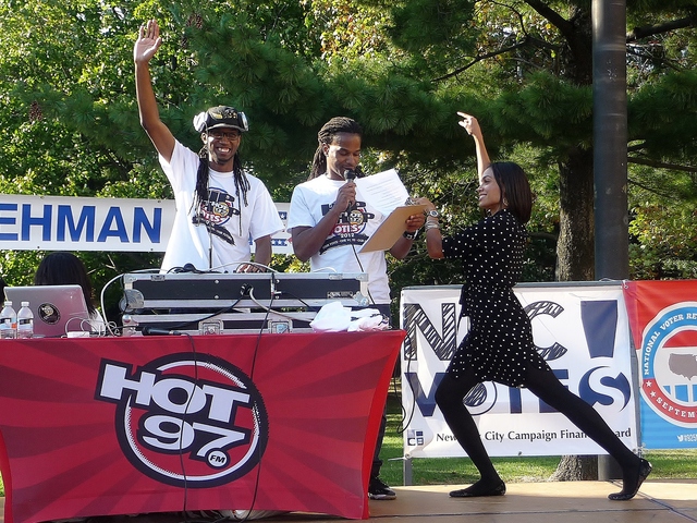 Actress Rosario Dawson joined Hot 97's DJ Wallah and DJ Spynfo on stage at the 