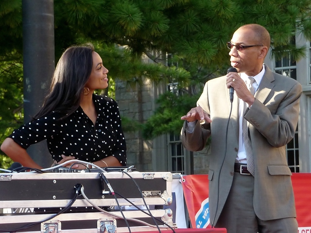 Actress Rosario Dawson was joined on stage by New York City Schools Chancellor Dennis Walcott on Tuesday at Lehman College, urging students to vote in the presidential election next month.