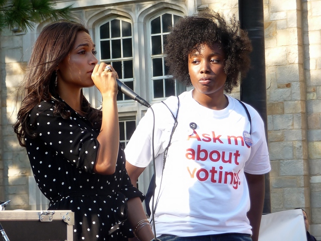 Actress Rosario Dawson answered student's questions about the voting process at a voter registration rally in the Bronx on Tuesday.